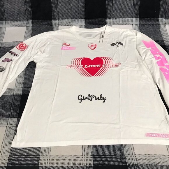 victoria secret PINK CAMPUS long sleeve tee RACING THEME LOGO SIZE MEDIUM - Picture 1 of 11